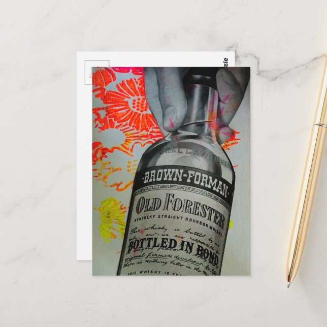 Postal Botella de Whisky Floral Collage Engarzado en Bond (Anverso/Reverso In Situ)