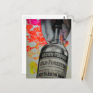Postal Botella de Whisky Floral Naranja Rosa Collage