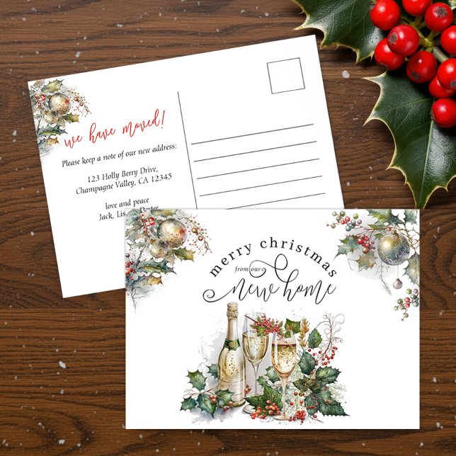 Postal Botellas que Estallan Navidad Mudanza Nuevo Hogar (Merry Christmas from New Home postcard with champagne and holly by Darling & May)
