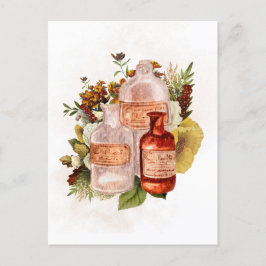 Postal Botellas Vintage de Halloween Flores de Otoño