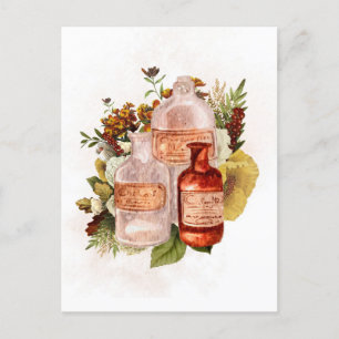 Postal Botellas Vintage de Halloween Flores de Otoño