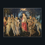 Postal Botticelli Primavera Renacimiento Diosa Floral<br><div class="desc">Primavera (c. 1482) es una obra maestra del pintor del Renacimiento italiano Sandro Botticelli. Esta icónica pintura al temple representa a un grupo de figuras mitológicas en un naranjo, celebrando la llegada de la primavera. En el centro se encuentra Venus, la diosa del amor, mientras que las Tres Gracias bailan...</div>