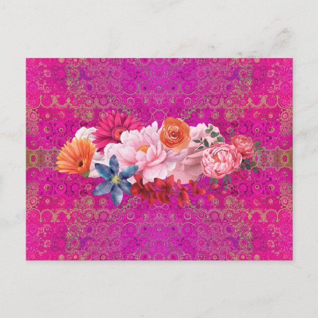 Postal Bouquet de flores de patrón de Mandala rosa (Anverso)