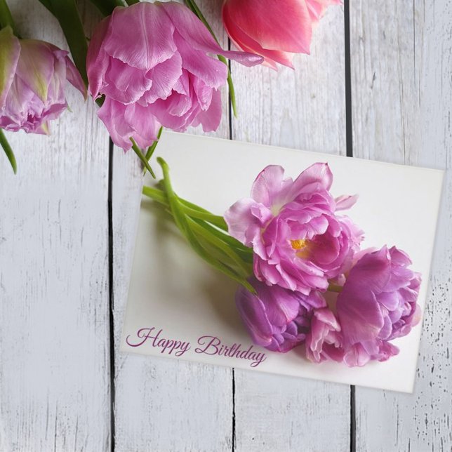 Postal Bouquet de tulipanes rosados florecientes. Cumplea (Subido por el creador)