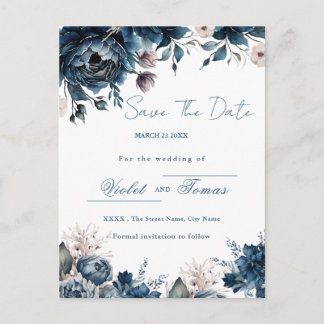 Postal Bouquet floral acuarela azul marino Save The Date