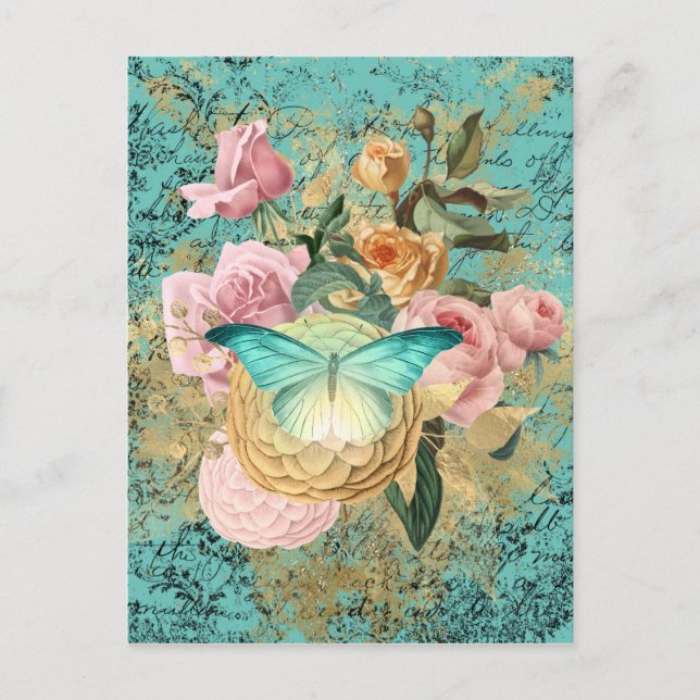 Postal Bouquet floral y mariposa de época (Anverso)