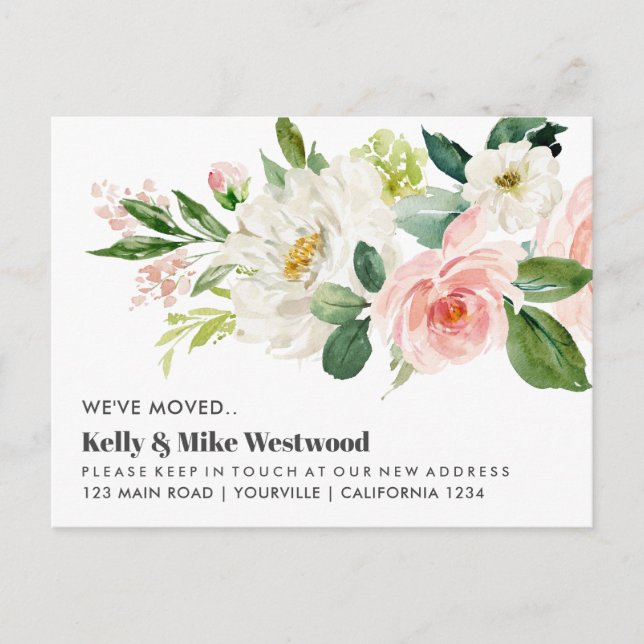 Postal Bouquet rosa Hemos movido la nueva dirección Nueva (Anverso)