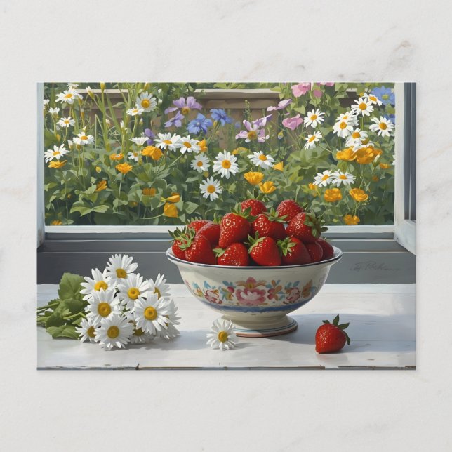 Postal Bowl with Fresh Strawberries and Daisy Flowers  (Anverso)