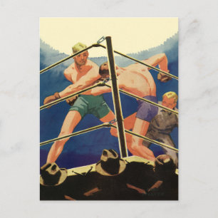 Postal Boxeo deportivo vintage, boxeadores en partido