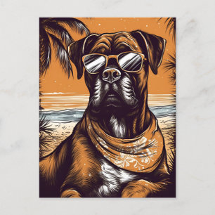 Postal Boxer alemán en una playa tropical al atardecer