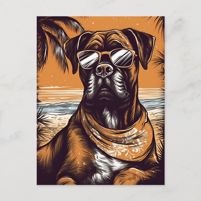 Postal Boxer alemán en una playa tropical al atardecer (Anverso)