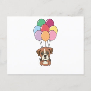Postal Boxer Dog vuela con globos coloridos