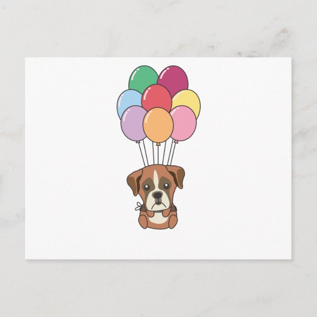 Postal Boxer Dog vuela con globos coloridos (Anverso)