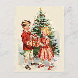 Postal Boy and girl giving each other Christmas presents