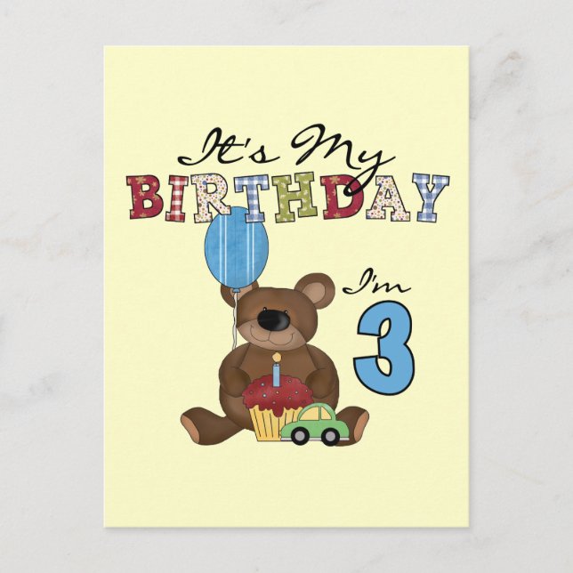 Postal Boy Bear camisetas y regalos de tercer cumpleaños (Anverso)