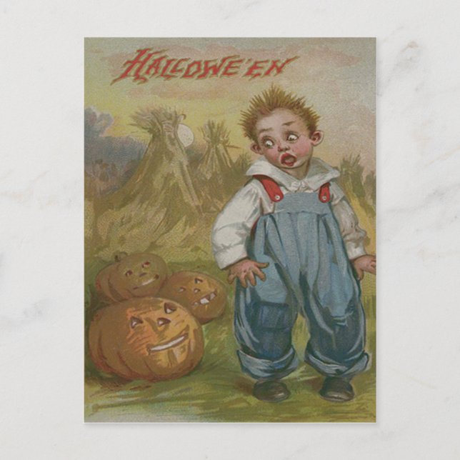 Postal Boy Jack O Lantern Pumpkin Haystack Luna Llena (Anverso)