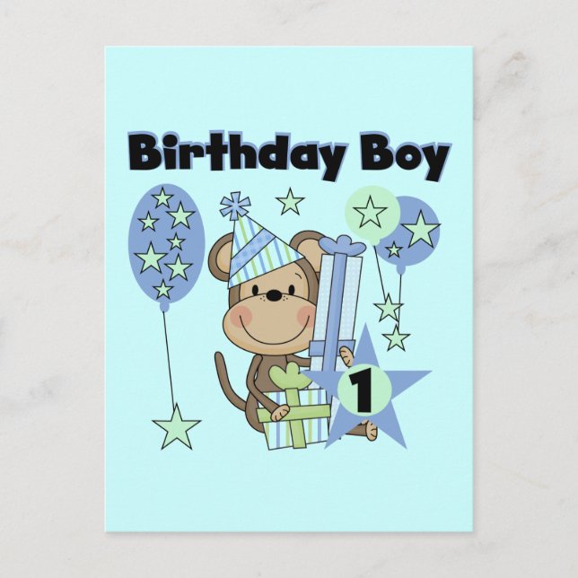 Postal Boy Monkey con regalos Primer cumpleaños (Anverso)