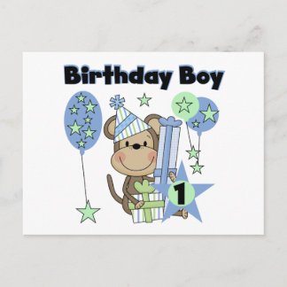 Postal Boy Monkey con regalos Primer cumpleaños