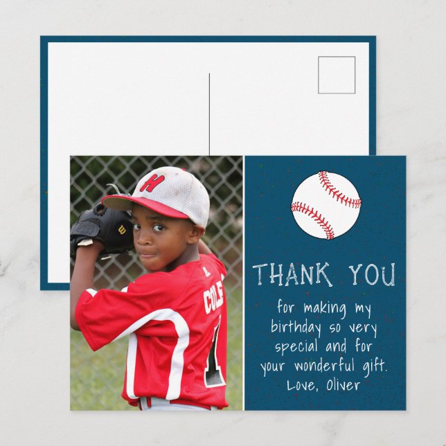 Postal Boy Photo Baseball Ball Gracias cumpleaños (Anverso / Reverso)