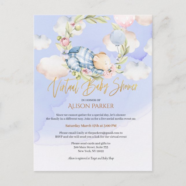 Postal Boy Teddy Bear Woodland Virtual Baby Shower Invita (Anverso)