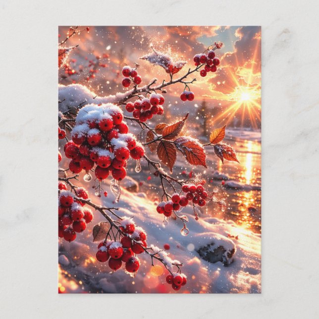 Postal Brasas de Bayas Rojas de Invierno Nieve (Anverso)
