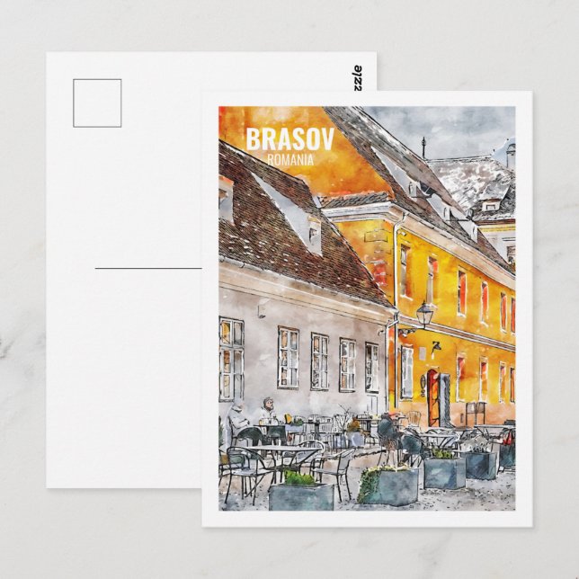 Postal Brasov Rumania Famoso dibujo acuático de viaje (Anverso / Reverso)