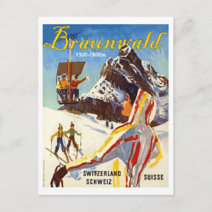 Postal Braunvald, montañas de Suiza, gente en esquí