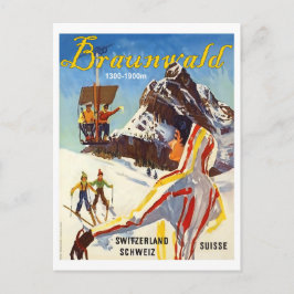 Postal Braunvald, montañas de Suiza, gente en esquí
