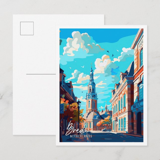 Postal Breda Países Bajos ilustracion de viajes Art Vinta (Anverso / Reverso)