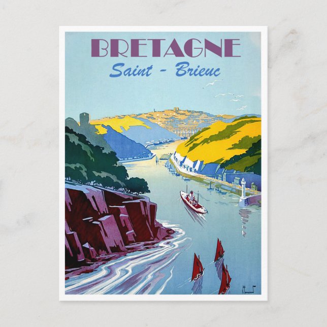 Postal Bretaña, panorama, Saint Brieuc, barcos de vela (Anverso)