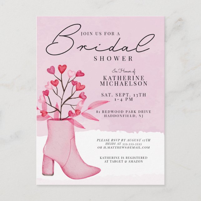 Postal BRIDAL SHOWER | Bota acuarela y Bouquet cardíaco (Anverso)