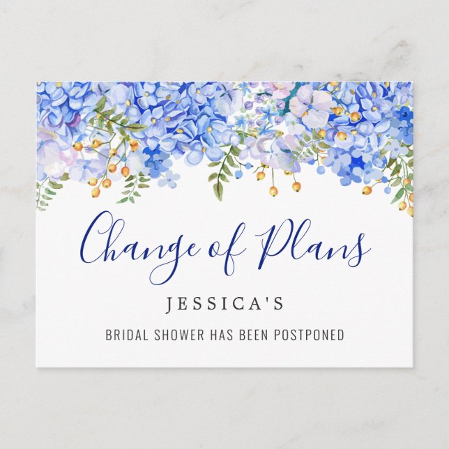 Postal Bridal Shower Change of Plans Blue Hydrangeas (Anverso)