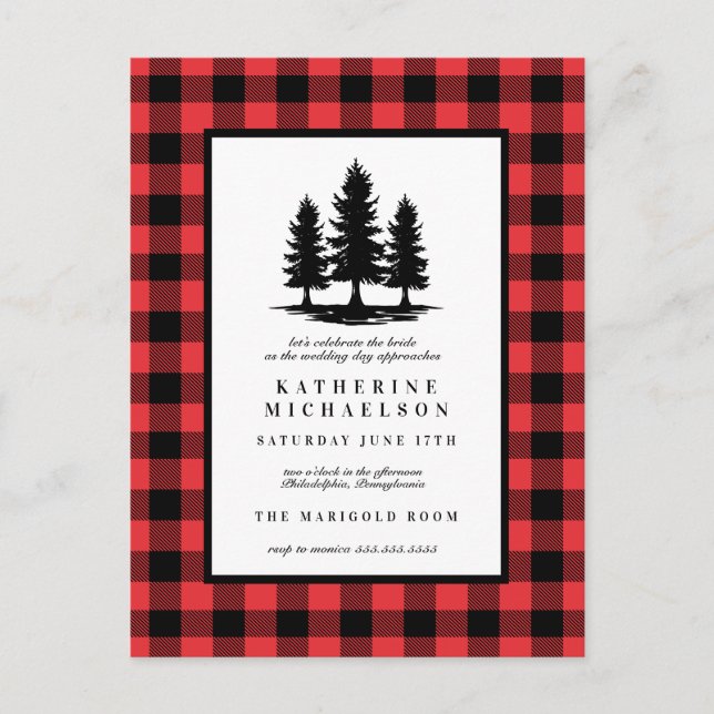 Postal BRIDAL SHOWER | Cheques de búfalo de árbol rústico (Anverso)