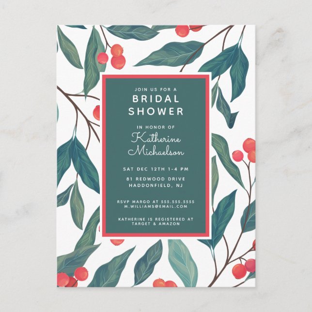 Postal BRIDAL SHOWER | Christmas Holiday Floral Postcard (Anverso)