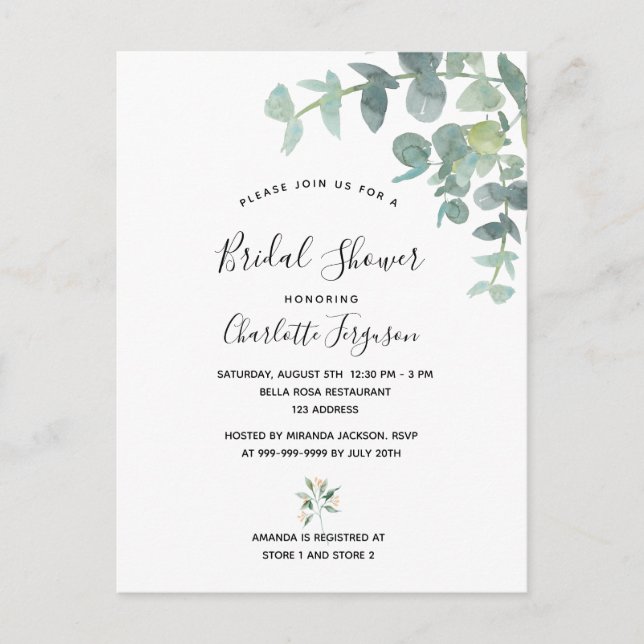 Postal Bridal Shower eucalipto blanco verde elegante (Anverso)