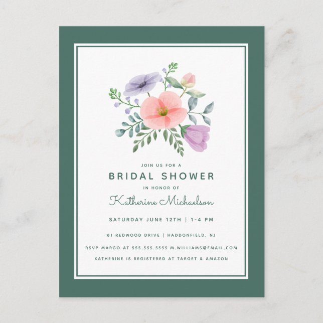 Postal BRIDAL SHOWER | Flor acuarela (Anverso)
