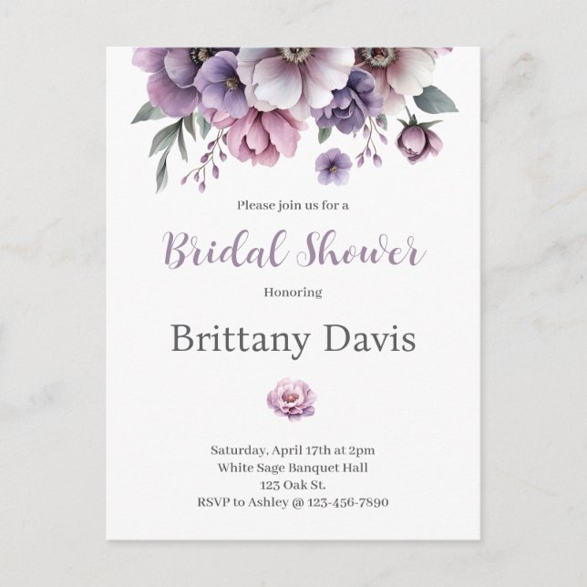 Postal Bridal Shower Lavender acuarela Flora (Anverso)
