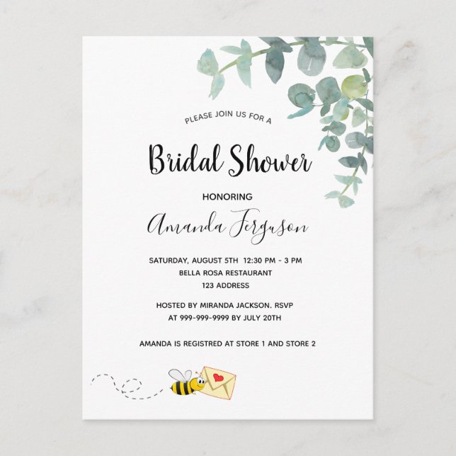 Postal Bridal Shower linda abeja eucalipto blanco elegant (Anverso)