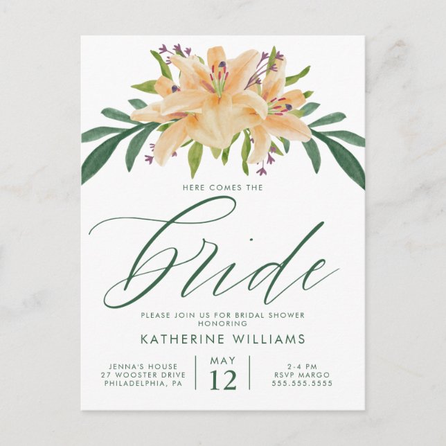Postal BRIDAL SHOWER | Naranja Watercolor Lily (Anverso)
