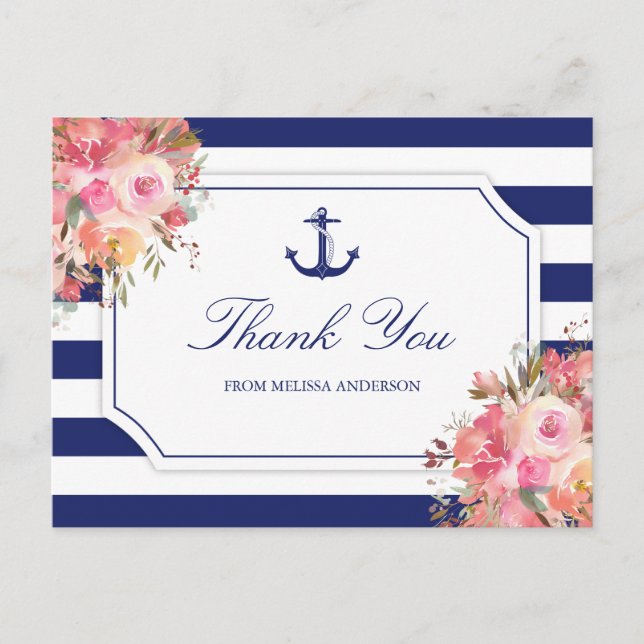 Postal Bridal Shower Nautical Anchor Floral Gracias (Anverso)