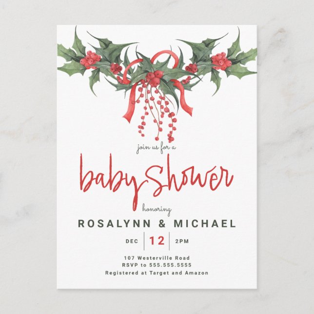 Postal BRIDAL SHOWER | Navidades Holiday Holly Floral (Anverso)