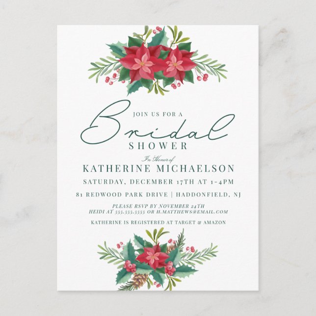 Postal BRIDAL SHOWER | Navidades Pastel Poinsettia Floral (Anverso)