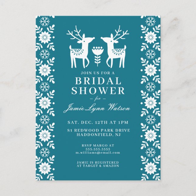Postal BRIDAL SHOWER | Navidades renos Verde azulados (Anverso)