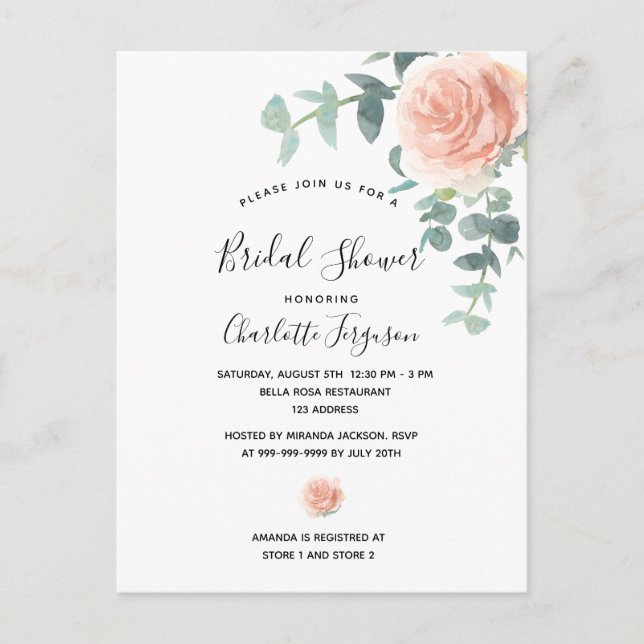 Postal Bridal Shower rosa dorado floral verde elegante (Anverso)