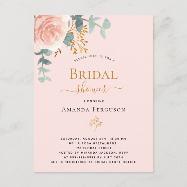 Postal Bridal Shower rosa oro floral eucalipto elegante (Anverso)