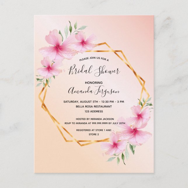 Postal Bridal shower rose gold blush floral invitation (Anverso)
