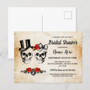 Postal Bridal Shower Skulls Rosas Rústica Bow