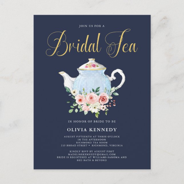 Postal Bridal Shower Tea Elegant Rubor Floral Gold Invite (Anverso)