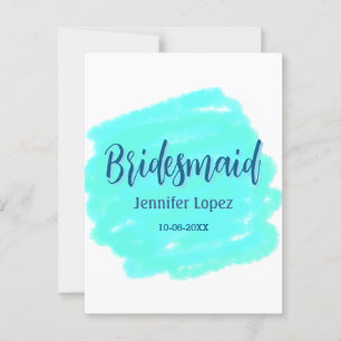 Postal Bridesmaid color de agua verde azul añadir nombre