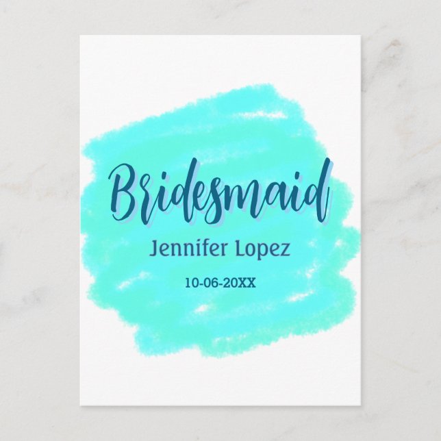 Postal Bridesmaid color de agua verde azul añadir nombre  (Anverso)
